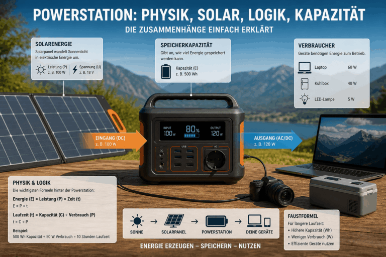 Powerstation mit Solarpanel zeigt Energiefluss, Kapazität und Verbrauch in einer Infografik