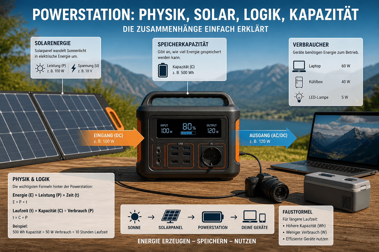 Powerstation mit Solarpanel zeigt Energiefluss, Kapazität und Verbrauch in einer Infografik