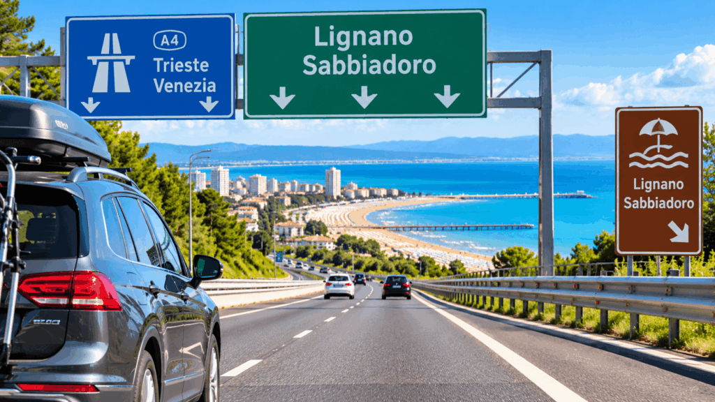 Autofahrt nach Lignano Sabbiadoro mit Autobahnschildern und Blick auf die italienische Adriaküste
