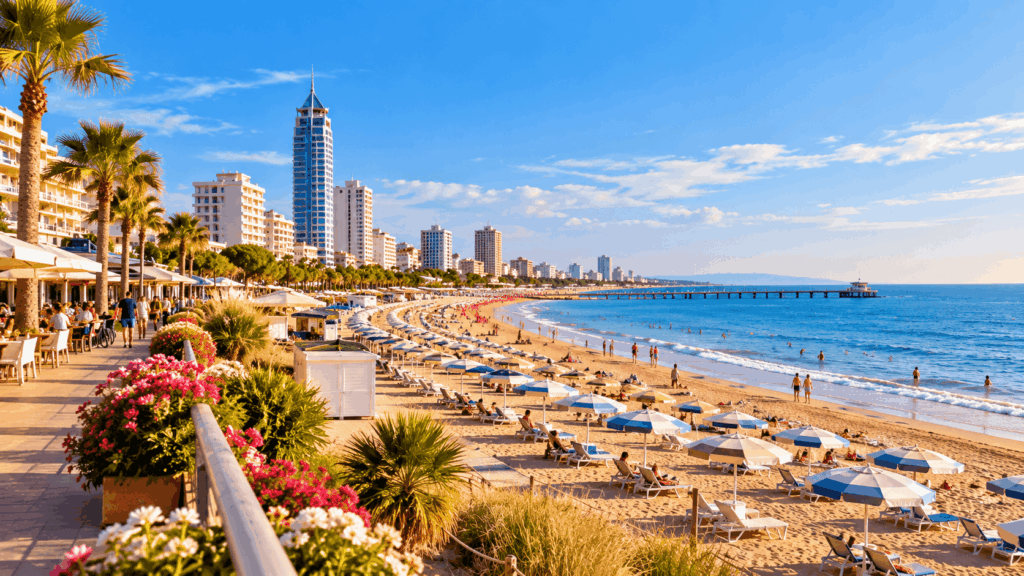 Strandpromenade mit Sonnenschirmen, Liegestühlen und Hotels als Symbolbild für den Strandurlaub in Jesolo