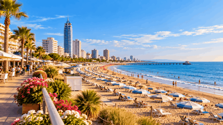 Strandpromenade mit Sonnenschirmen, Liegestühlen und Hotels als Symbolbild für den Strandurlaub in Jesolo